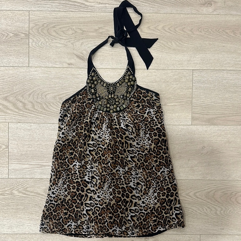 bebe Leopard Print Halter Top with Black and Gold Accents
